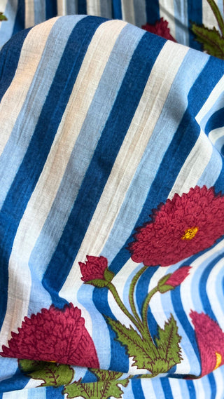Irena Cotton Maxi Dress Nightie – Blue Stripe Floral