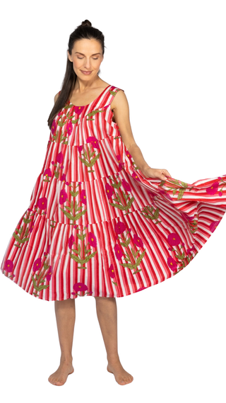 Lottie Cotton Maxi Dress Nightie – Pink Stripe Floral.