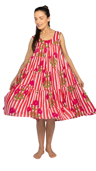 Lottie Cotton Maxi Dress Nightie – Pink Stripe Floral.