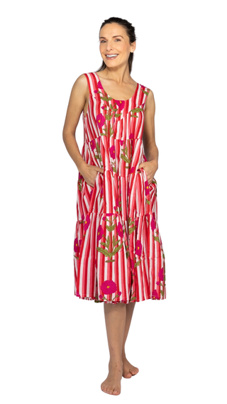Lottie Cotton Maxi Dress Nightie – Pink Stripe Floral.