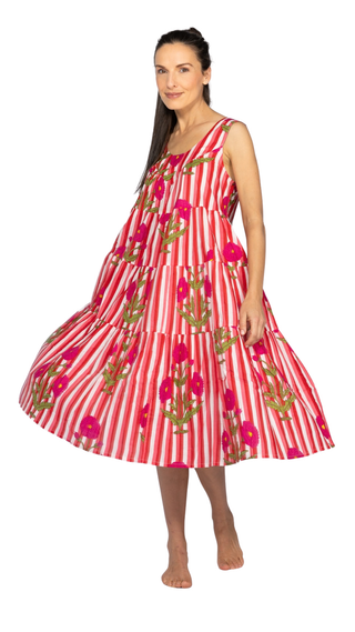 Lottie Cotton Maxi Dress Nightie – Pink Stripe Floral.