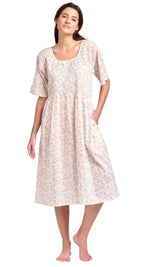 Soft pink floral cotton nighty with pockets on model  XS - 3XL