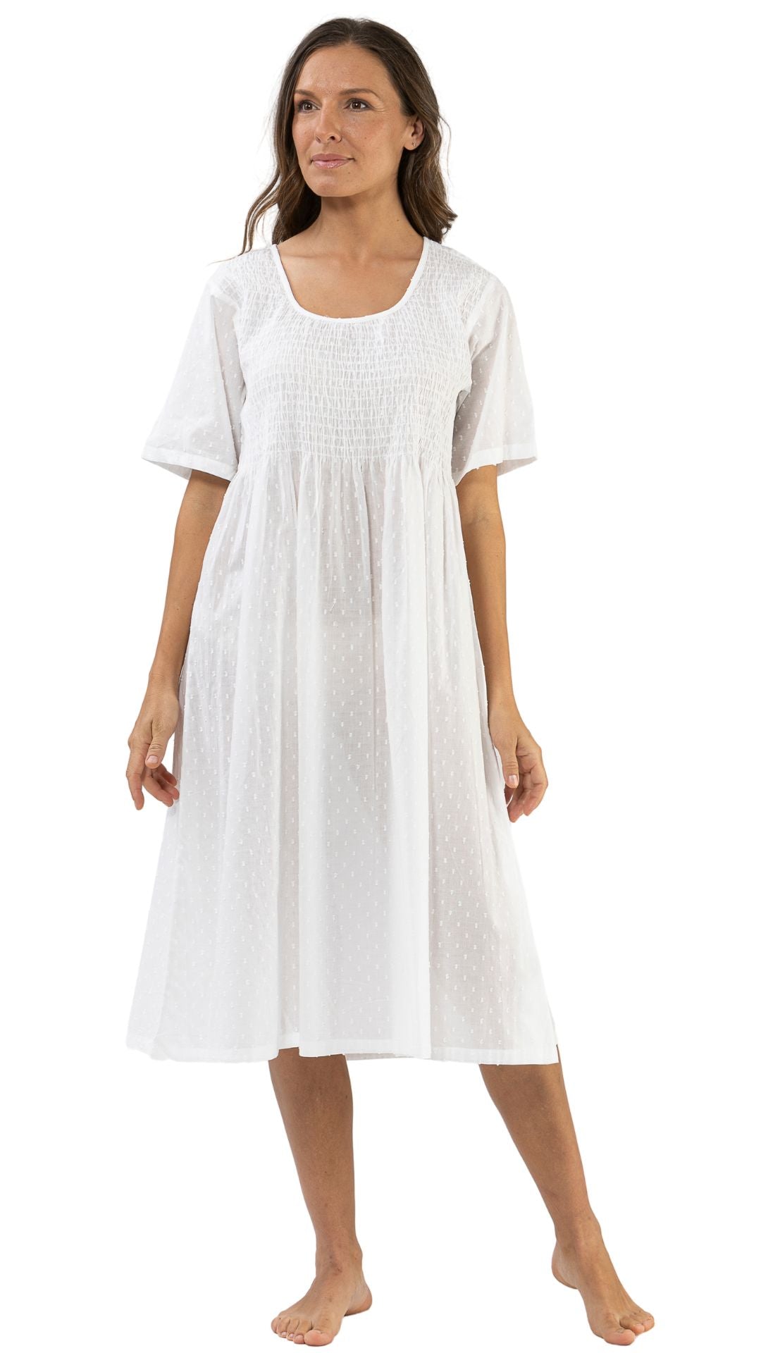 Short sleeve nightie in cotton with plus sizes on model from Australia