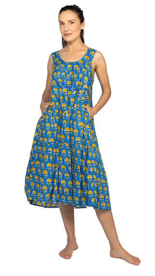 Marigold Cotton Maxi Dress Nightie – Blue and Yellow Floral