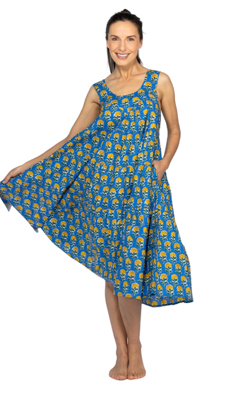 Marigold Cotton Maxi Dress Nightie – Blue and Yellow Floral