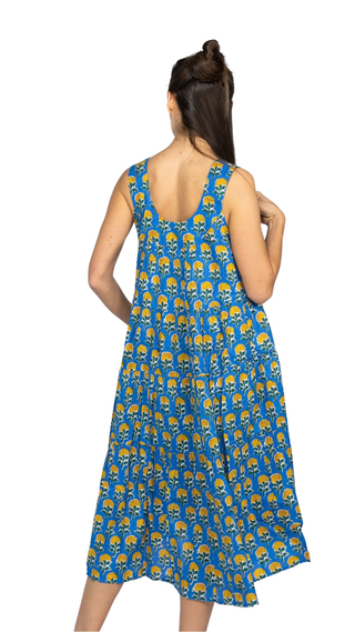 Marigold Cotton Maxi Dress Nightie – Blue and Yellow Floral