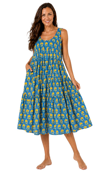 Marigold Cotton Maxi Dress Nightie – Blue and Yellow Floral