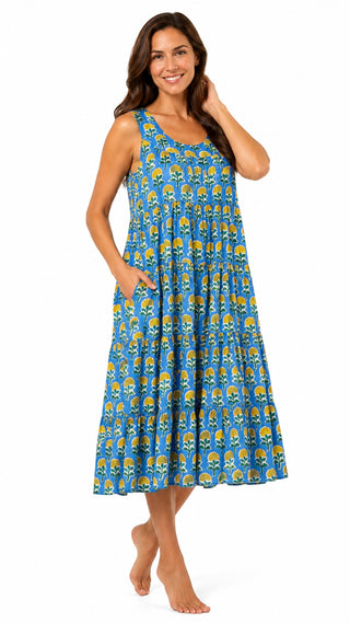 Marigold Cotton Maxi Dress Nightie – Blue and Yellow Floral