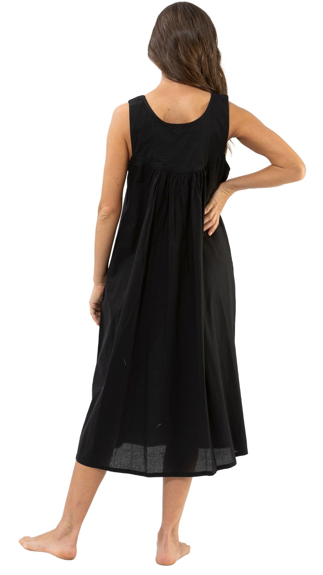 Plain black cotton night gown on model with white background