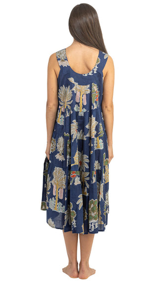 Navy Palm Cotton Maxi Dress Nightie with Pockets – Sleeveless