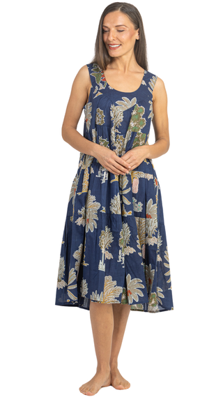 Navy Palm Cotton Maxi Dress Nightie with Pockets – Sleeveless