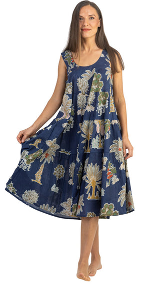 Navy Palm Cotton Maxi Dress Nightie with Pockets – Sleeveless