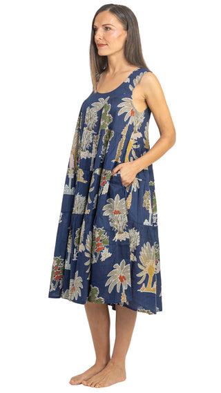 Navy Palm Cotton Maxi Dress Nightie with Pockets – Sleeveless
