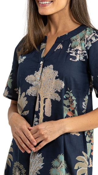 Short sleeve Navy nightie on model with Palm trees