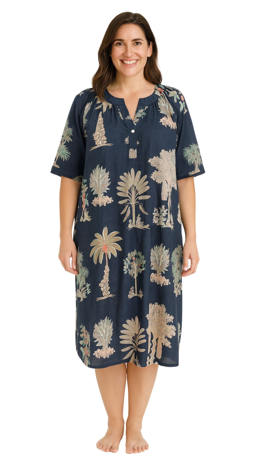 Bangalow Palm Short Sleeve Nightie - Navy Blue