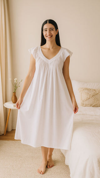 Model wearing white cotton nightdress