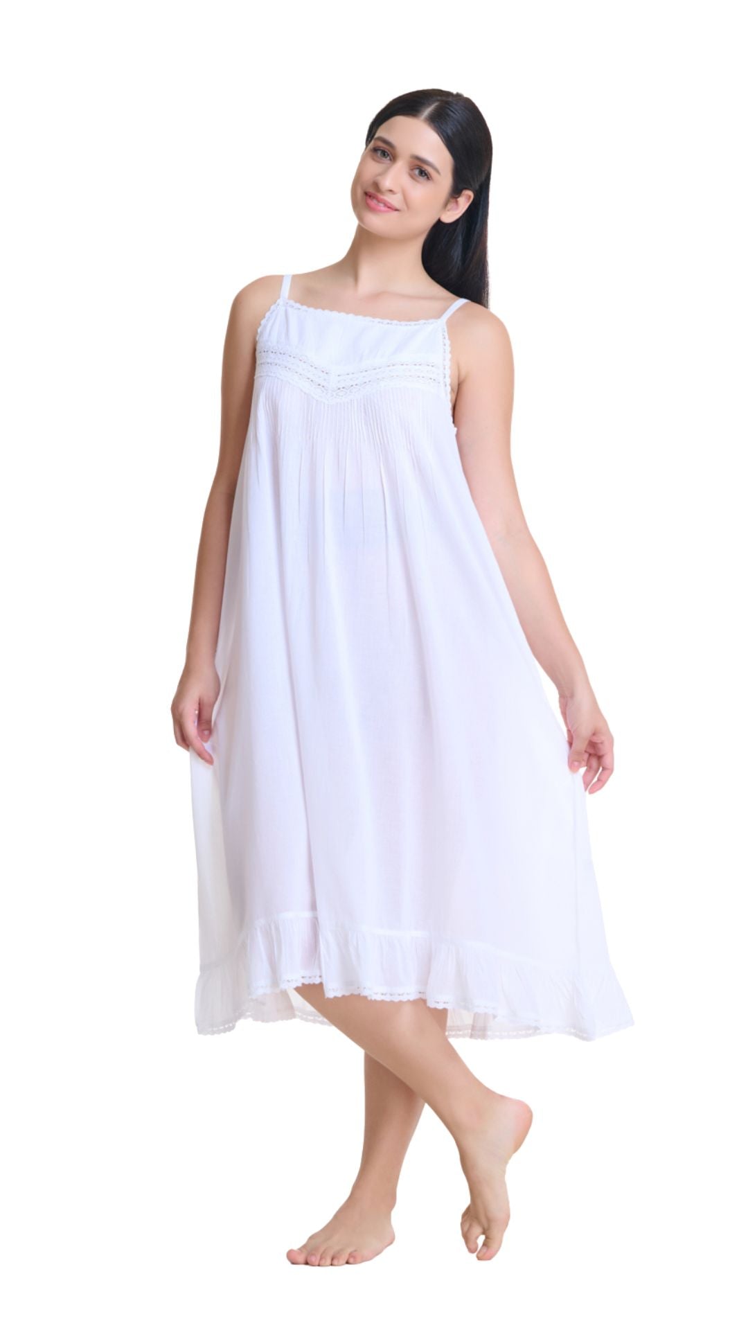Woman wearing a white nightgown on a white background
