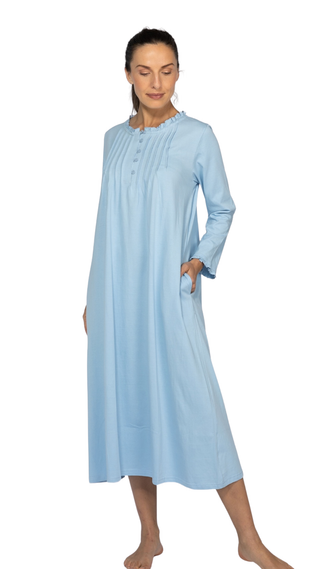 Penelope Stretch-Knit Long Sleeve Cotton Nightie - Blue