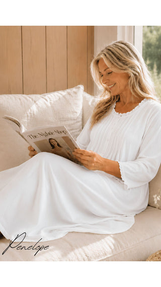 Penelope Stretch-Knit Long Sleeve Cotton Nightie - White