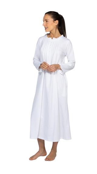 Penelope Stretch-Knit Long Sleeve Cotton Nightie - White