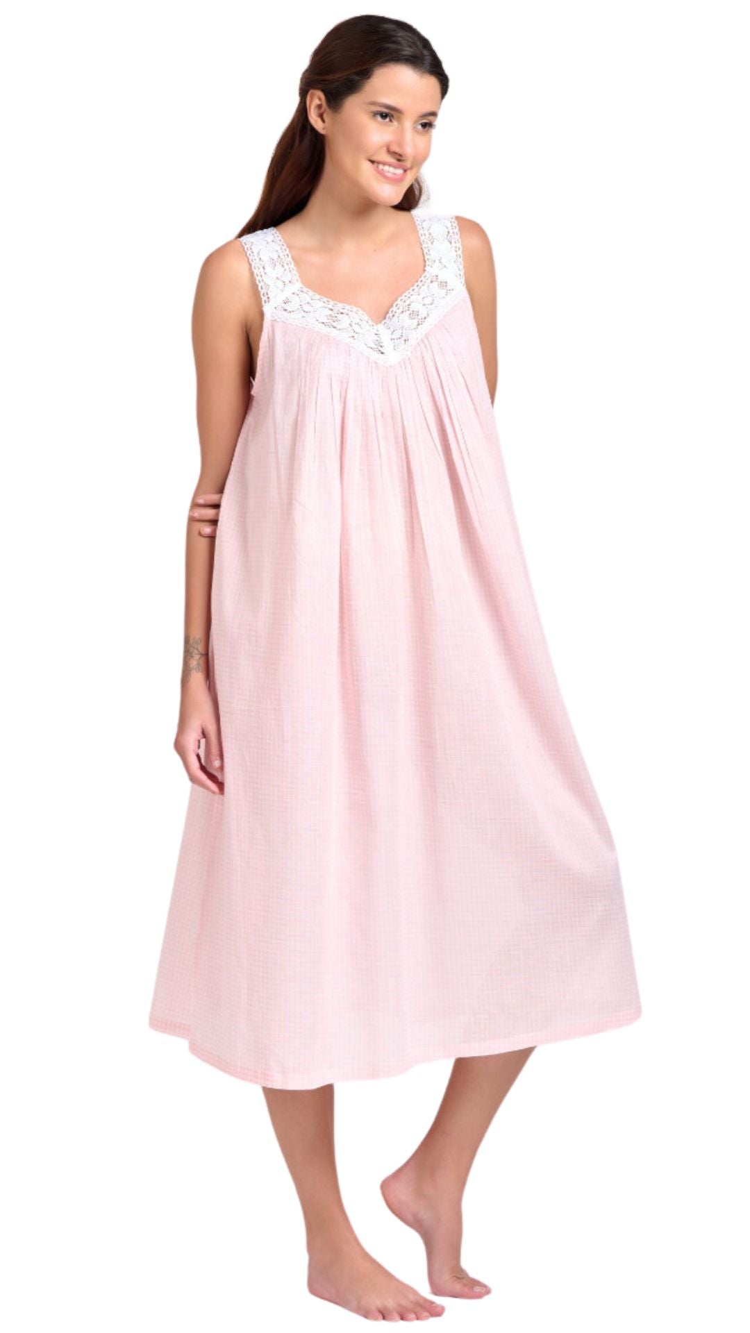 Pink Gingham cotton nightgown - nightie on model