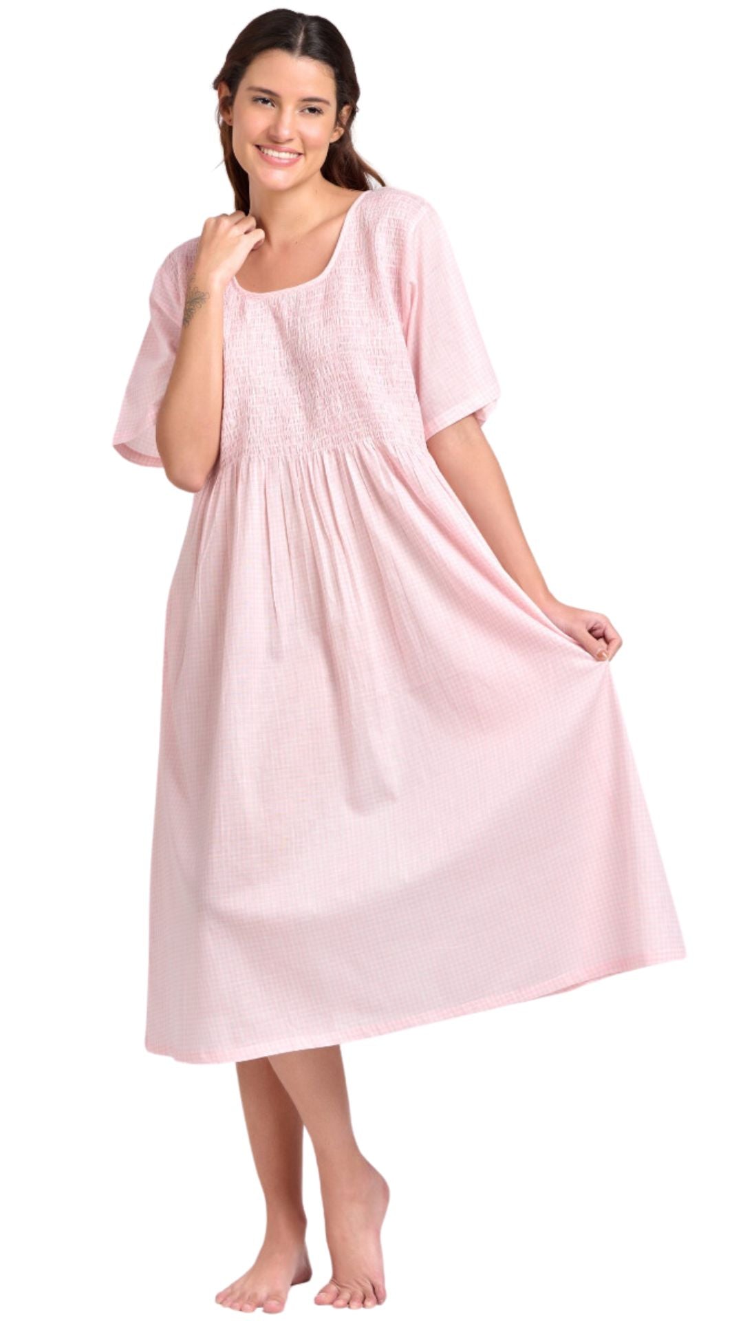Pink Gingham Cotton Nightie - Short Sleeve