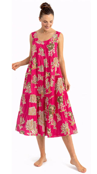 Pink Palm Cotton Maxi Dress Nightie with Pockets – Sleeveless