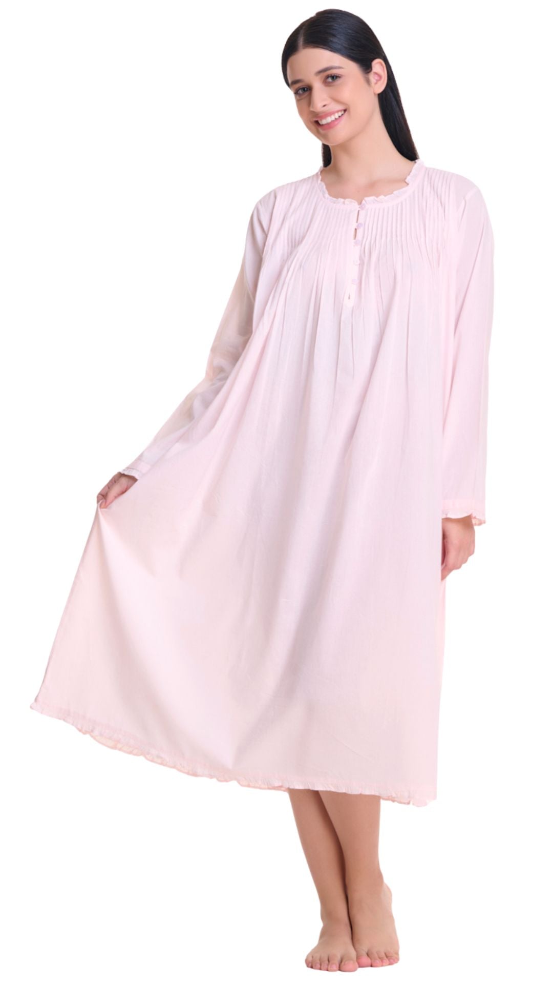 Long Sleeve Cotton Nightie - soft pink on model  plus size