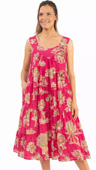 Pink Palm Cotton Maxi Dress Nightie with Pockets – Sleeveless
