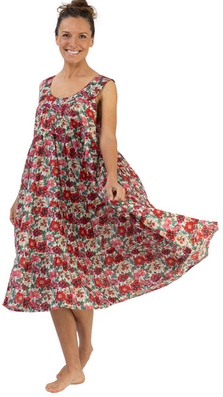 Maxi nightie floral poppy flower print sleveless on model 100% cotton