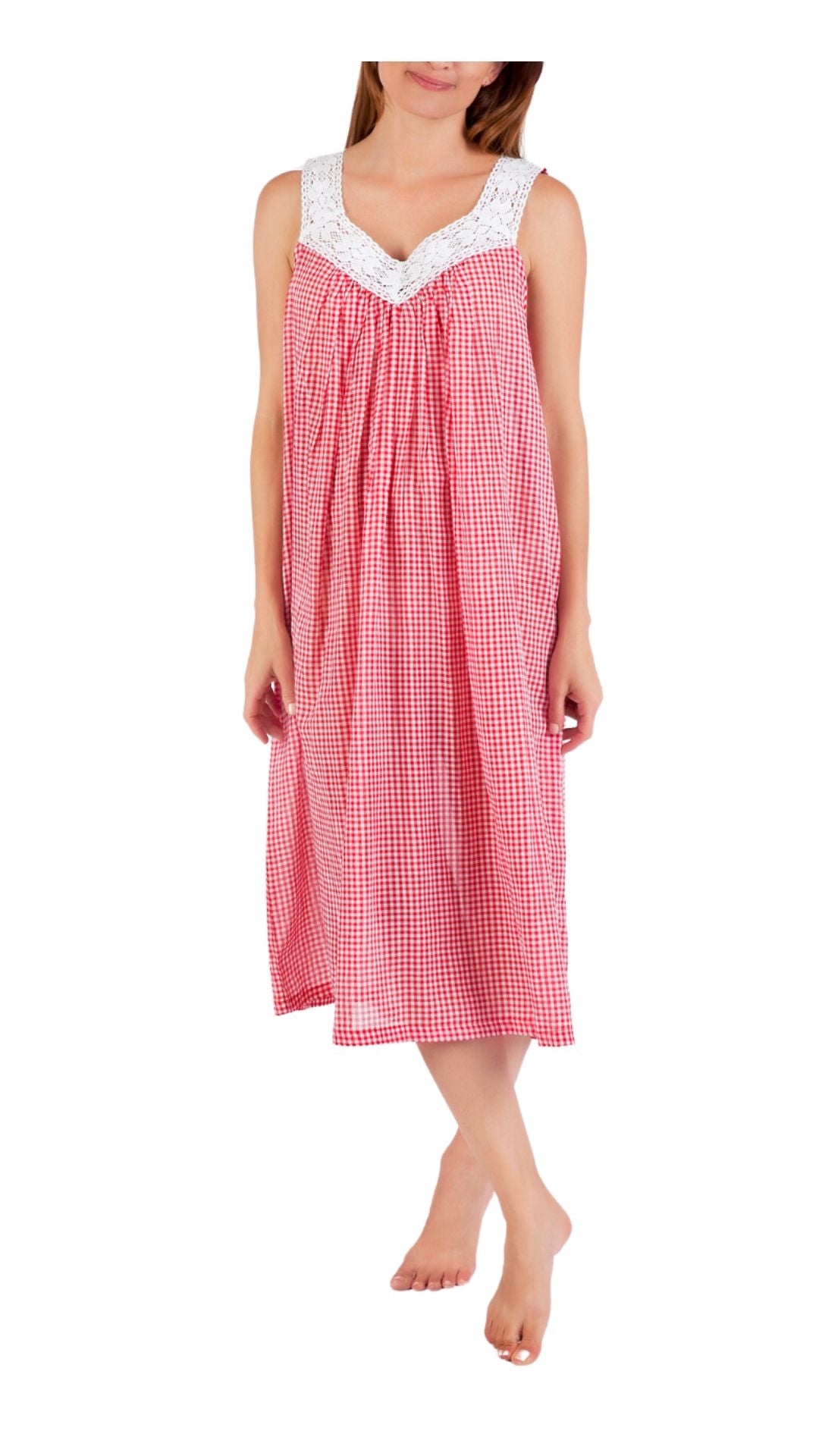 Red gingham cotton nightie on model 