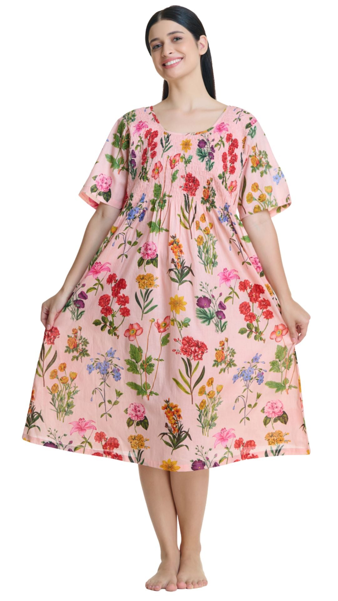 cotton short sleeve house dress in pink floral 