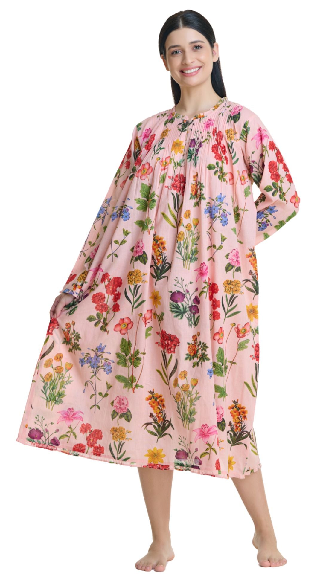 Floral long sleeve cotton nightie on model from Brisbane Australia