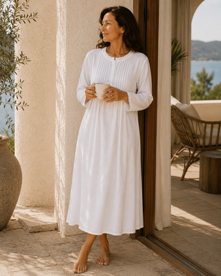 Victoria Long Sleeve Cotton Nightie - White