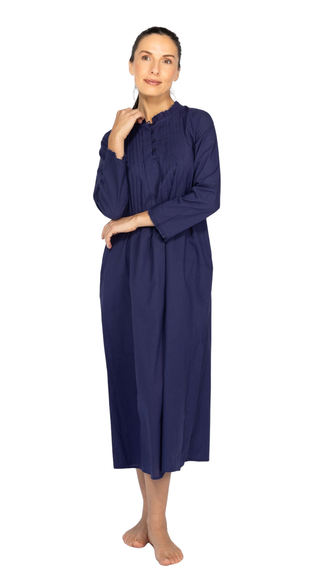 Penelope Stretch-Knit Long Sleeve Cotton Nightie - Navy
