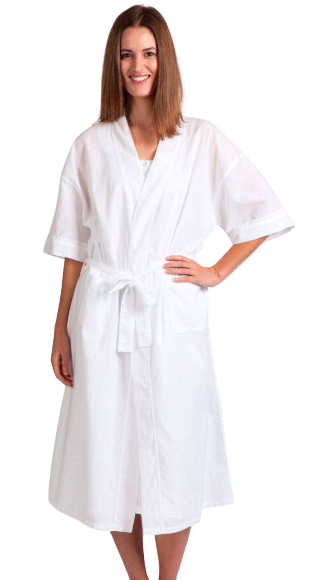 White cotton dressing gown on model from Australia 