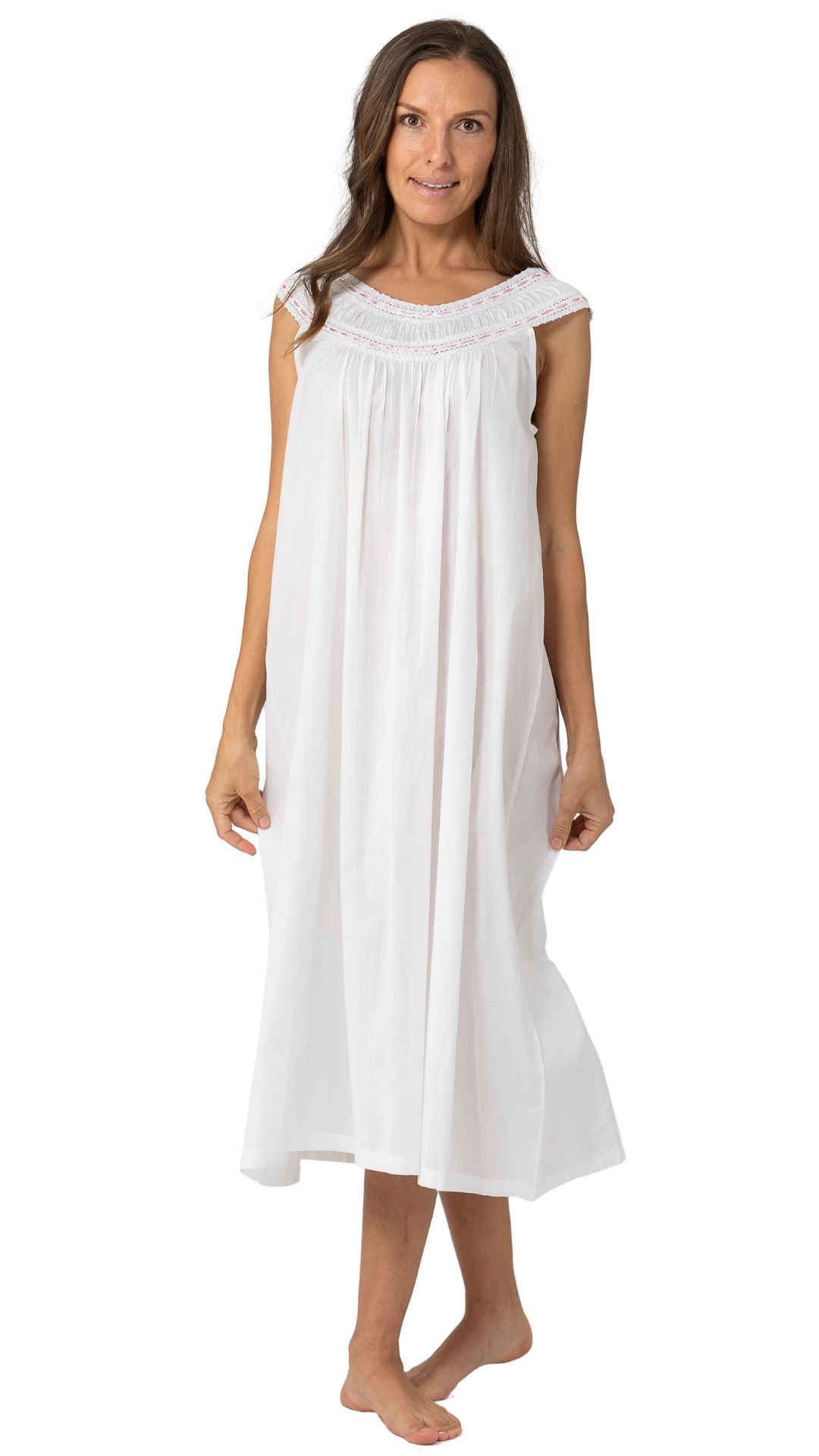 Sweet white cotton nightgown on model 