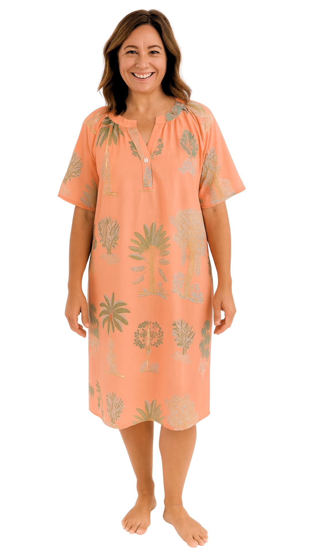 Bangalow Palm Short Sleeve Nightie - Coral Pink