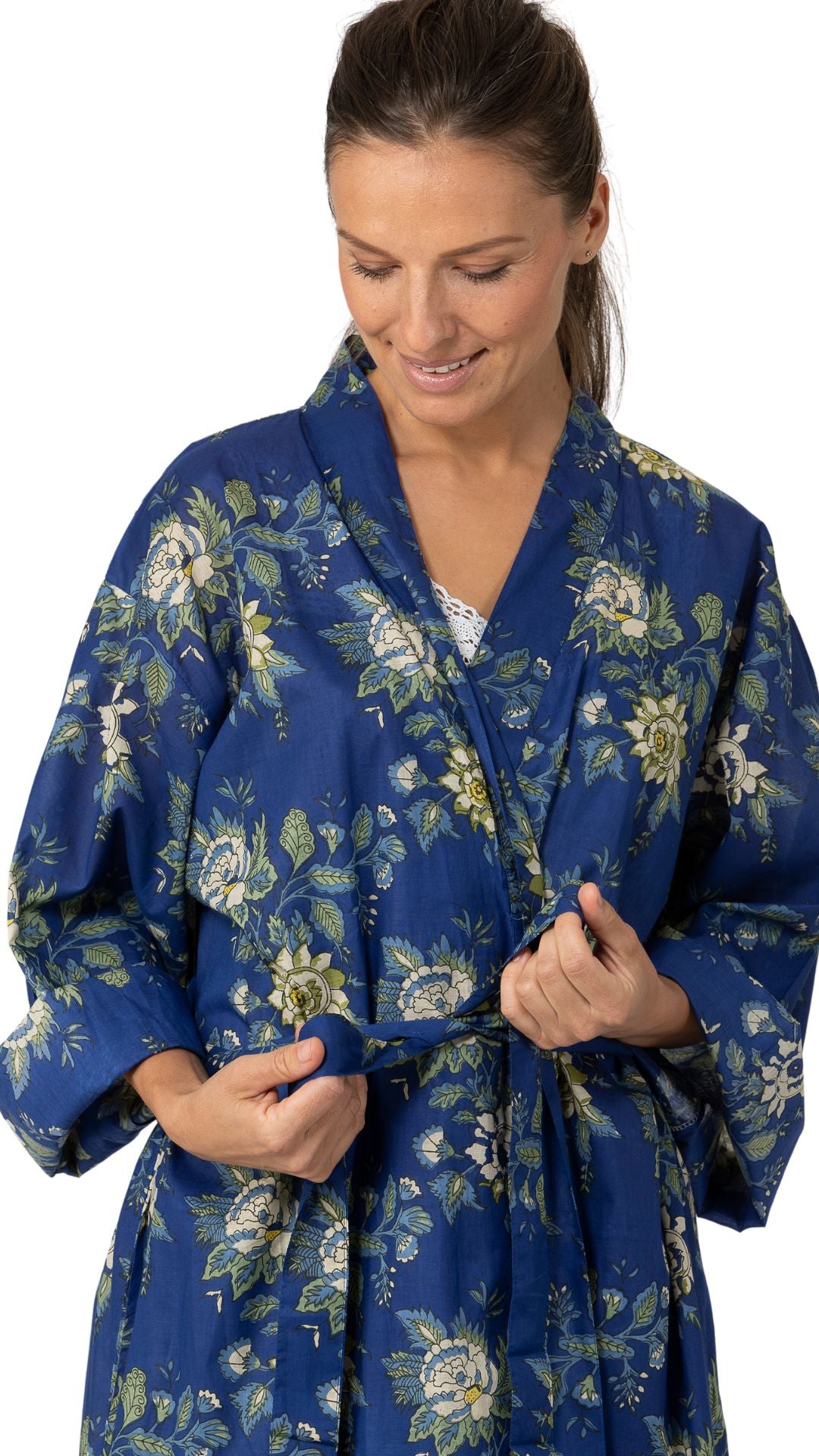 dressing gown cotton blue and yellow plus size on model