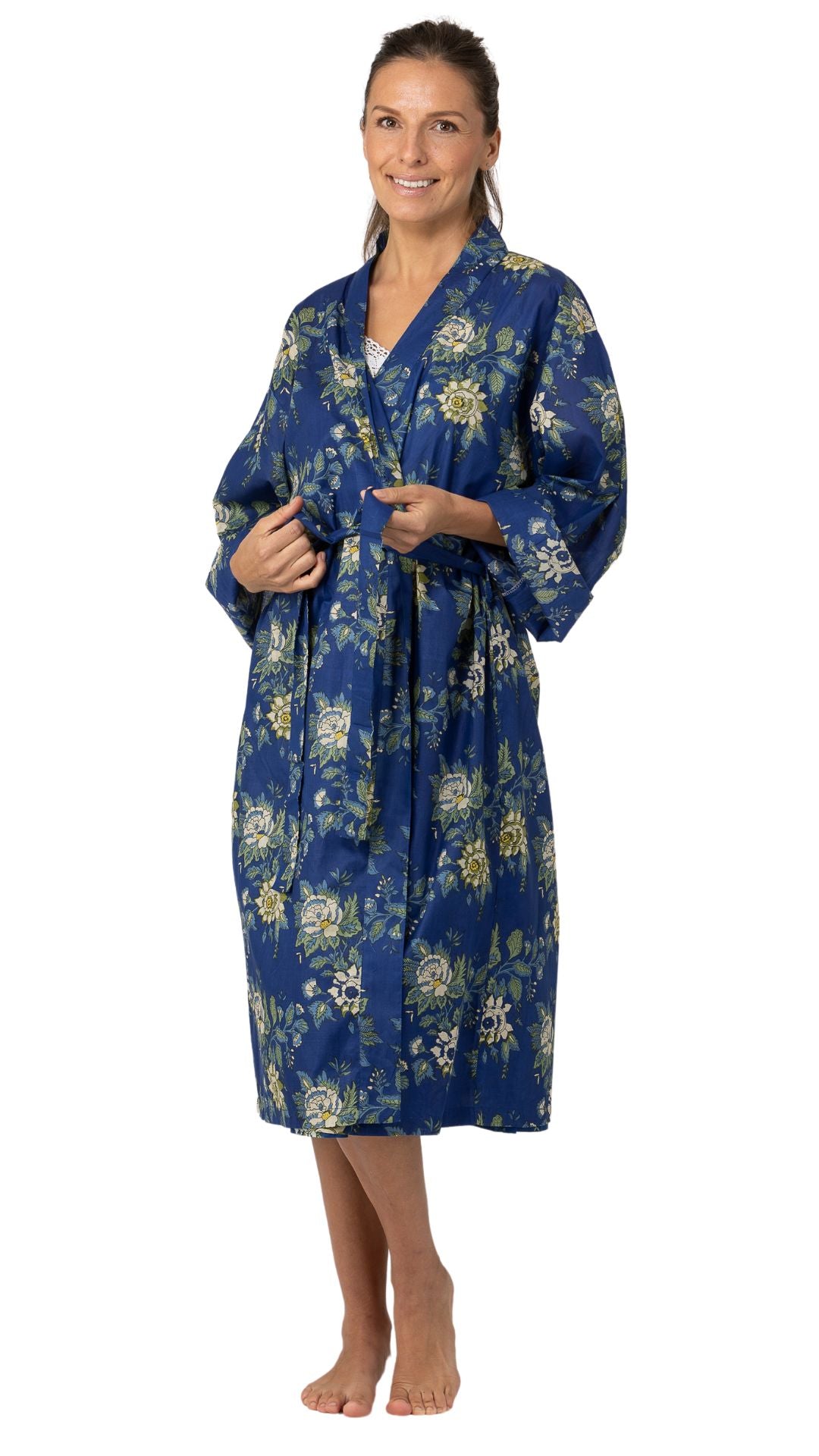 cotton brunch coat on model yellow and blue floral