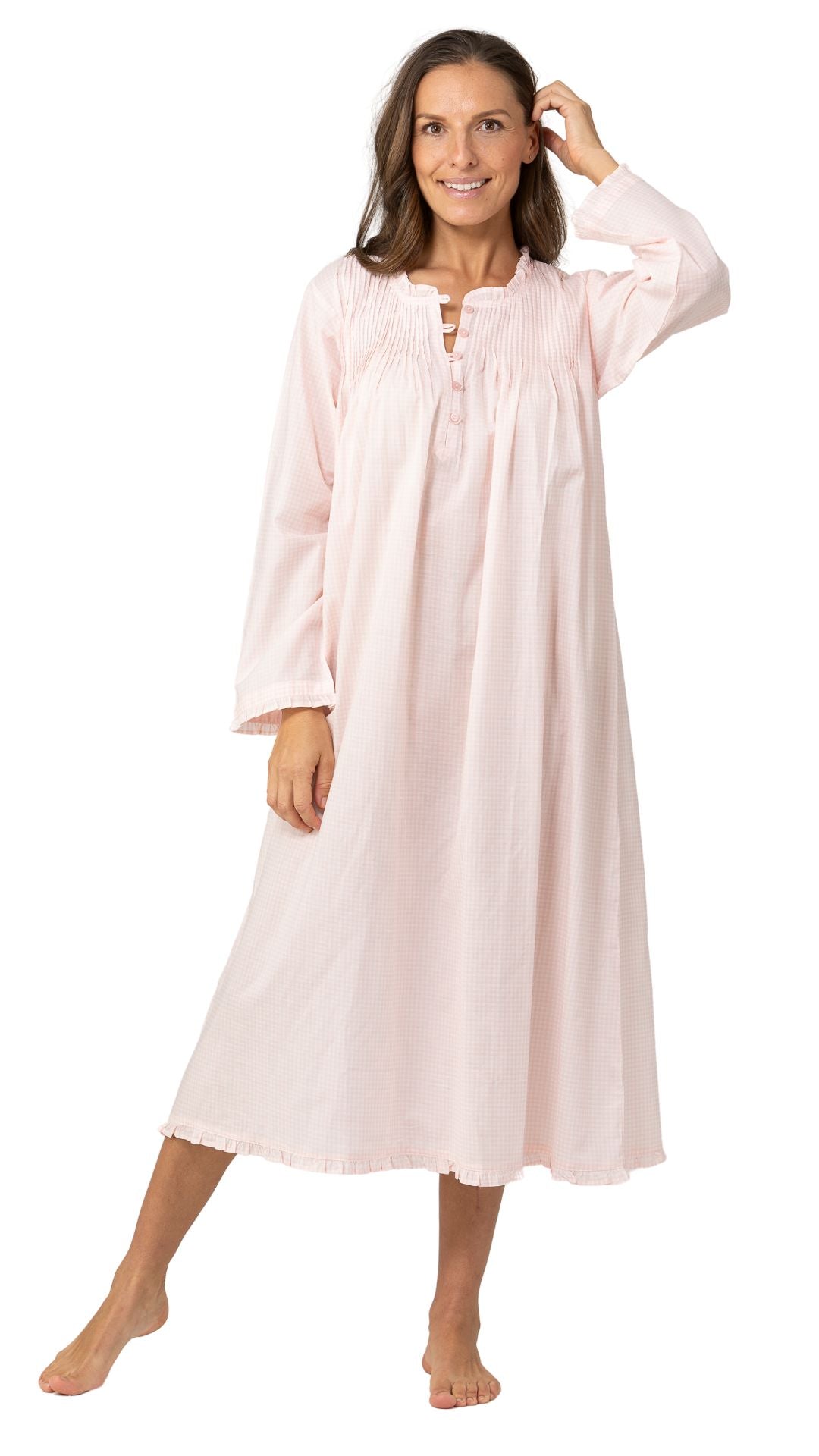 model wearing pink cotton long sleeve nightdress