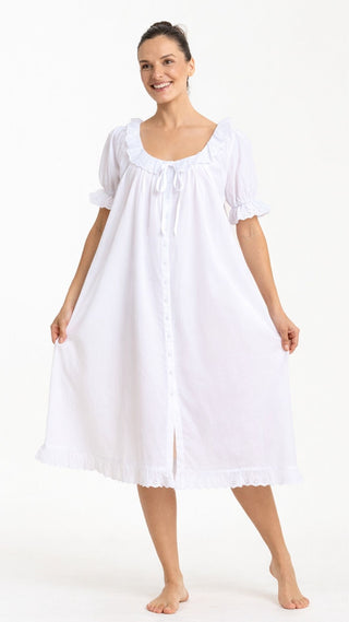 Comfortable white cotton nightgown for women with breathable fabric.